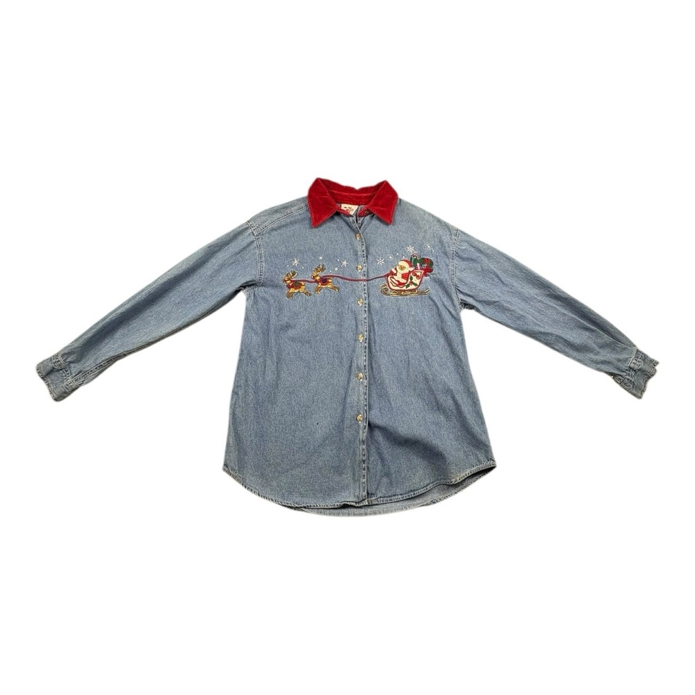 Vintage NutCracker‎ Denim Christmas Shirt Santa Sleigh Red Collar Embroidered M